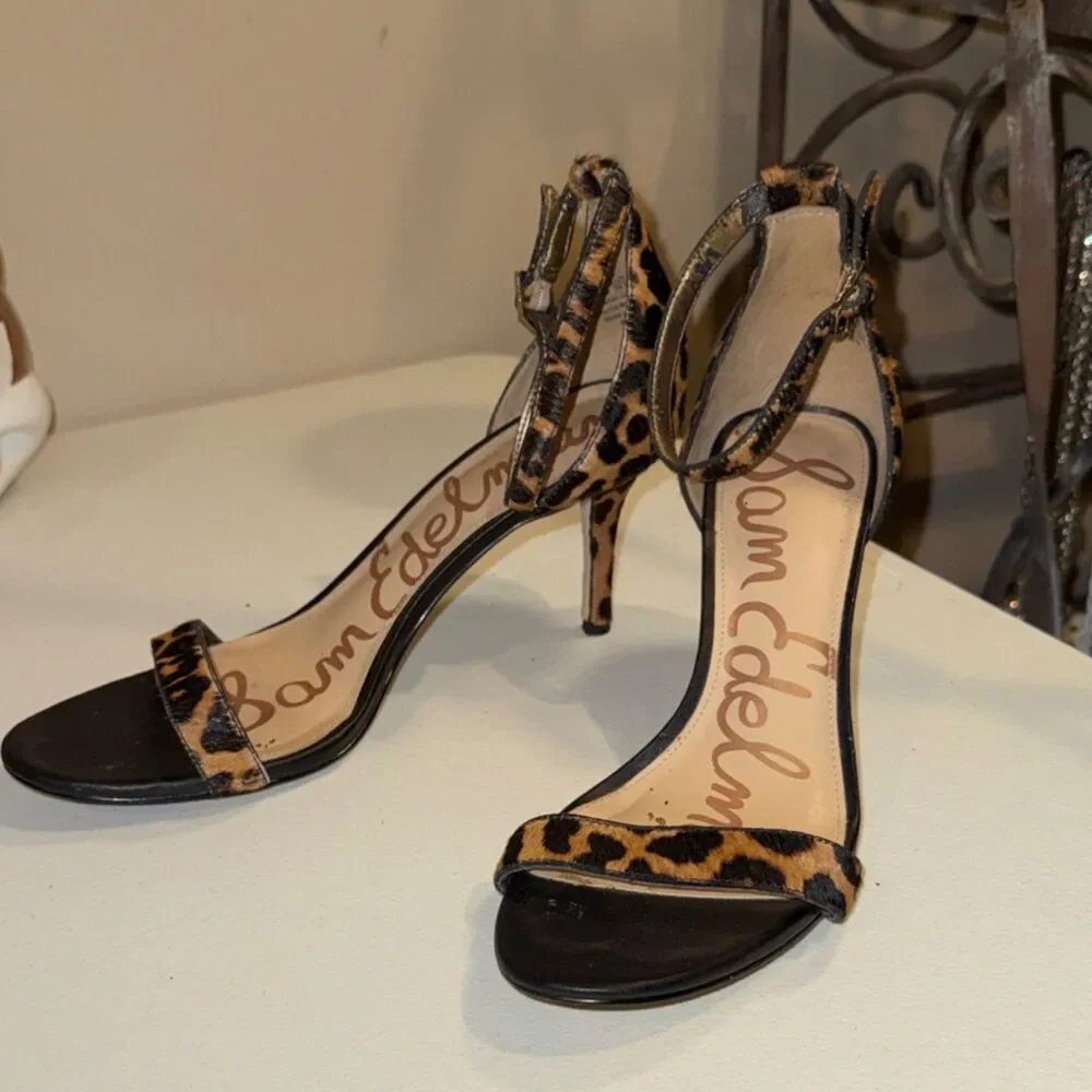 Sam Edelman Women's Animal Print Ankle Strap Stiletto Open Toe Strappy Heel